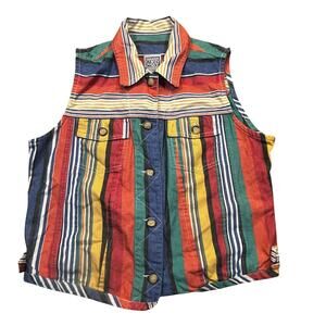 Vintage Y2K Womens Medium Striped Button Vest Colorful Retro Indie Denim